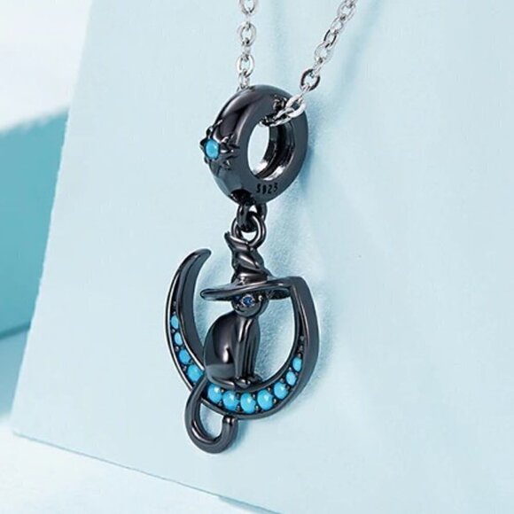 Black Plated Gold over Sterling Silver Black Cat on Turquoise Moon Dangl… - Picture 5 of 7